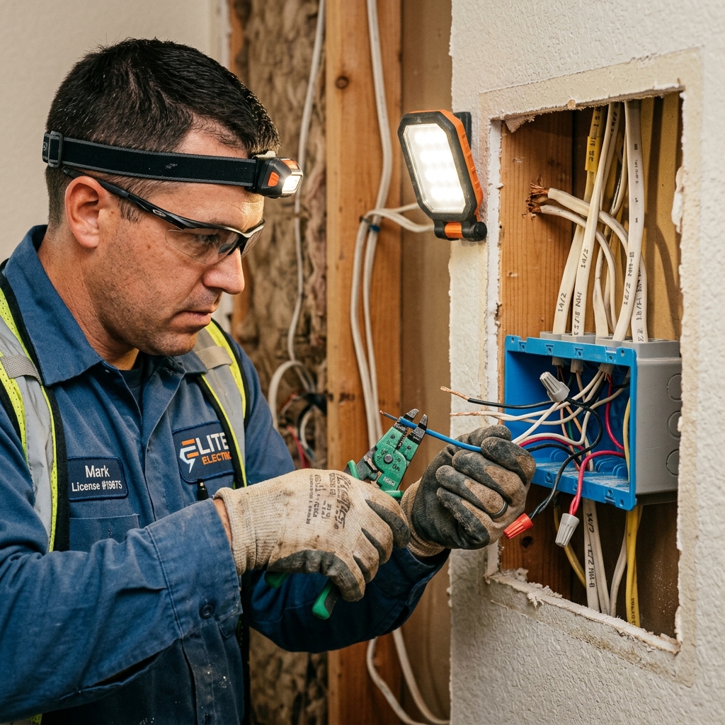 Électricien intervenant sur une installation murale
