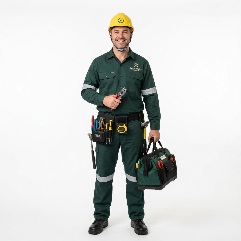 Électricien Voltys souriant équipé de ses outils et de son casque jaune